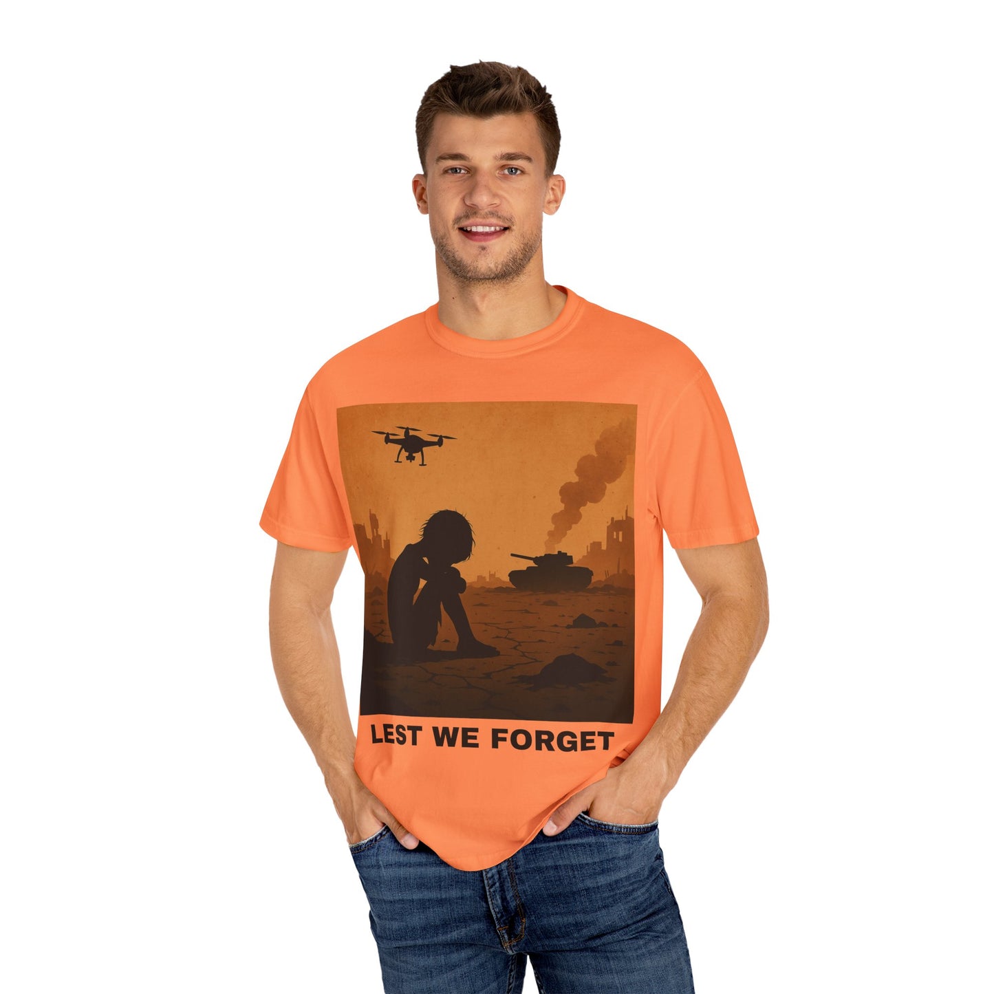 Unisex Garment-Dyed T-shirt, Lest We Forget Tee, Casual Wear, Memorial Day Shirt, Thought-Provoking Graphic Tee
