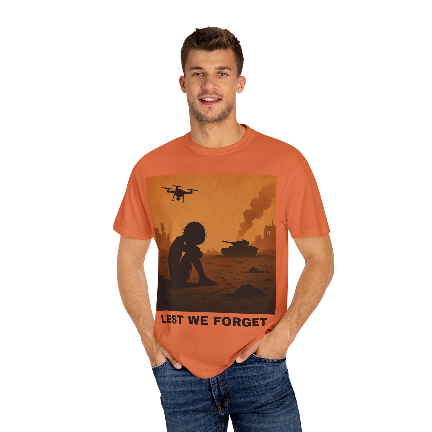 Unisex Garment-Dyed T-shirt, Lest We Forget Tee, Casual Wear, Memorial Day Shirt, Thought-Provoking Graphic Tee