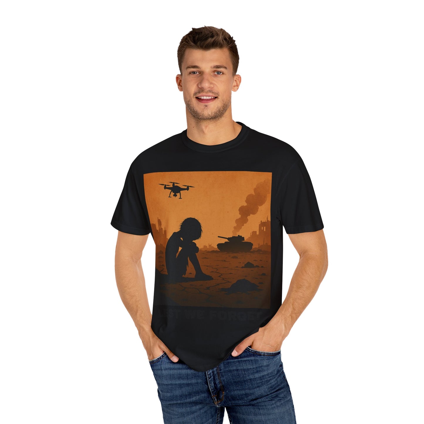Unisex Garment-Dyed T-shirt, Lest We Forget Tee, Casual Wear, Memorial Day Shirt, Thought-Provoking Graphic Tee