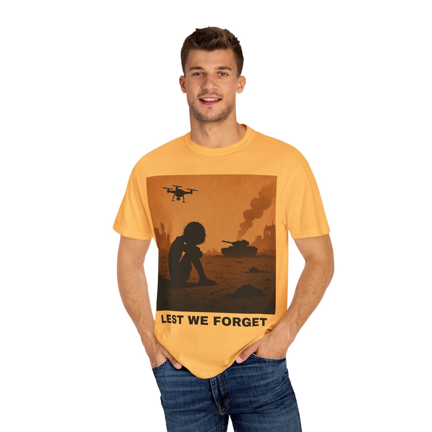 Unisex Garment-Dyed T-shirt, Lest We Forget Tee, Casual Wear, Memorial Day Shirt, Thought-Provoking Graphic Tee