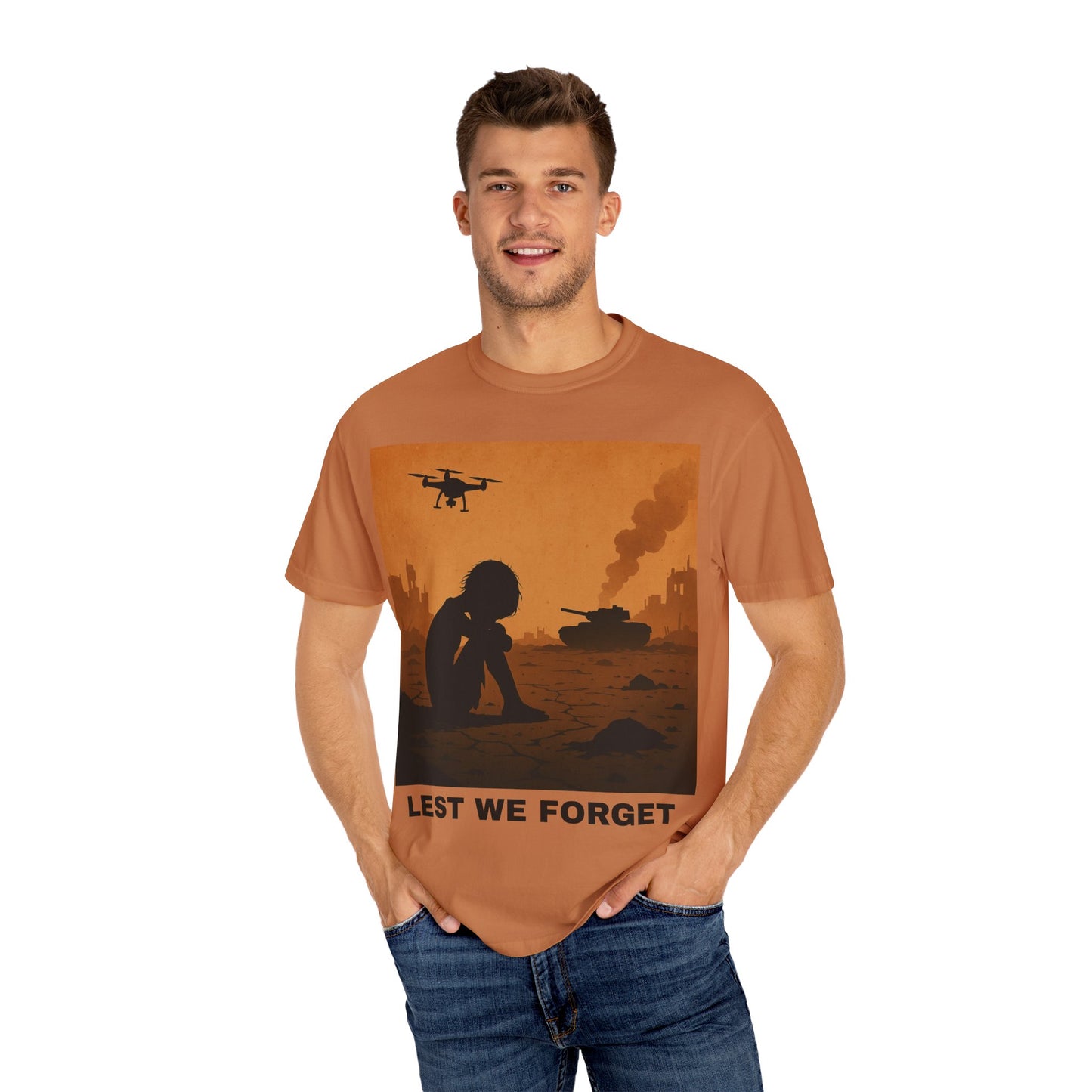 Unisex Garment-Dyed T-shirt, Lest We Forget Tee, Casual Wear, Memorial Day Shirt, Thought-Provoking Graphic Tee