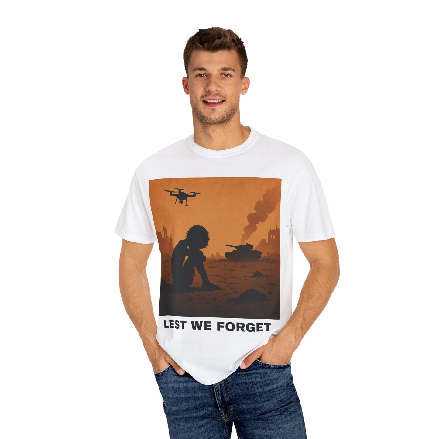 Unisex Garment-Dyed T-shirt, Lest We Forget Tee, Casual Wear, Memorial Day Shirt, Thought-Provoking Graphic Tee
